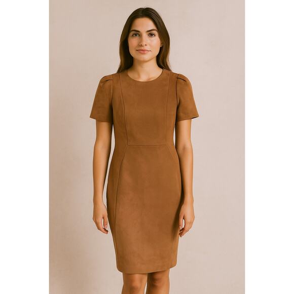 Calvin Klein Cap Sleeve Faux Suede Sheath Dress Camel Brown 4 Career Academia - Picture 1 of 10